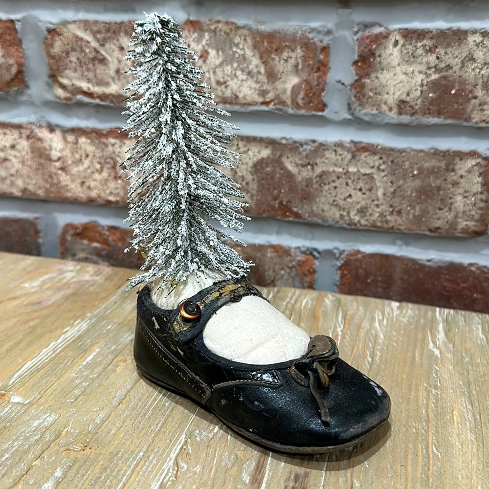 Vintage Leather Shoe with Snowy Christmas Tree